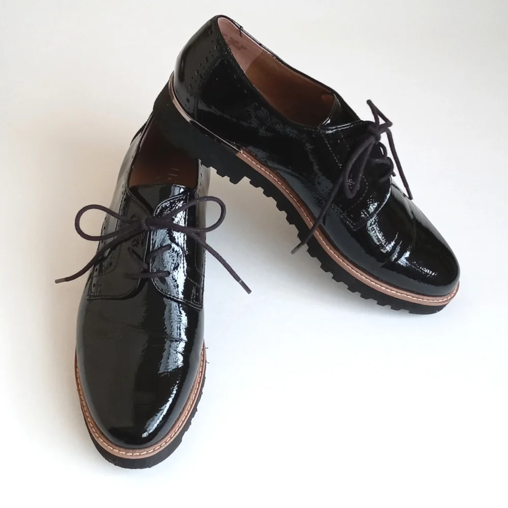 Franco Sarto Black Patent Leather Loafer Brogues Oxford Lace Lug Sole Shoes 8 - Picture 9 of 10